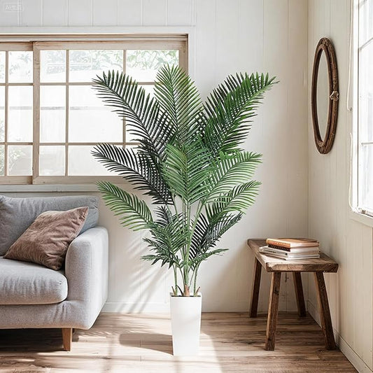 Jocoevol Artificial Areca Palm Tree 7FT Fake Potted Plant Faux Silk Tropical Areca Palm Real Bark Design, Large Artificial Plant in Tall White Pot for Home Living Room House Warming Floor Decor