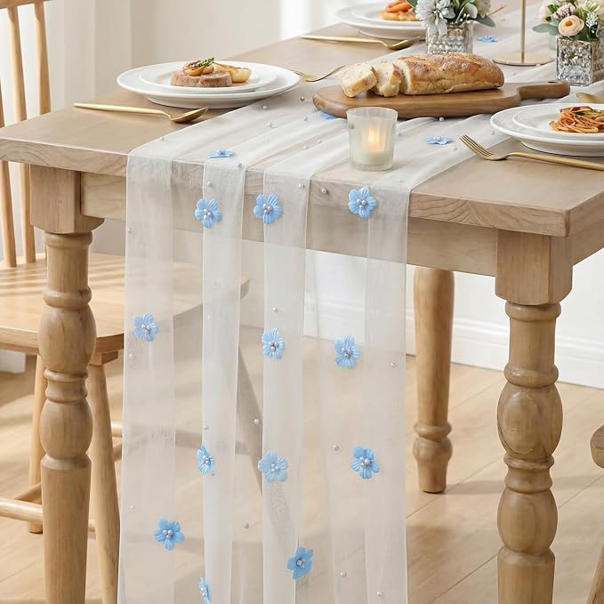 Artoid Mode Blue Flower Pearl White Gauze Table Runner 10FT, Seasonal Sheer Dining Holiday Wedding Birthday Baby Shower Table Decor for Home Party