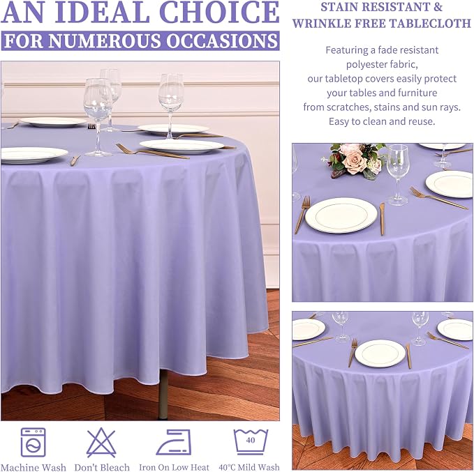 Showgeous 12 Pack Lavender Round Tablecloth 120 Inch Polyester Table Cloth for Tables - Washable Decorative Fabric Covers for Wedding, Party, Banquet