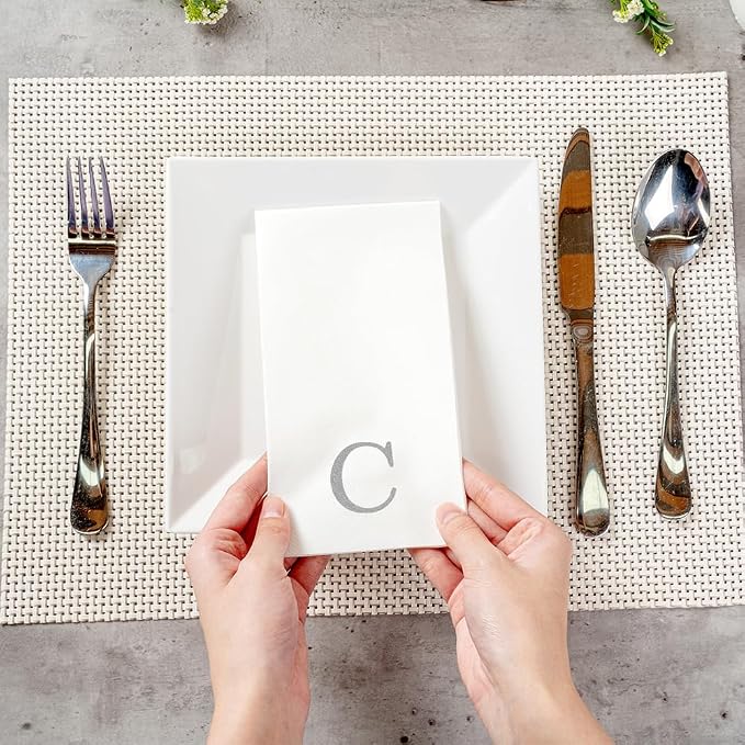 Luxenap 15.8 X 7.9 Inch Linen-Feel Guest Towels, 50 Lettered Hand Towels - Silver Letter 'C', Sans Serif Font, White Paper Dinner Napkins, airlaid, For Restrooms And Tables - Restaurantware