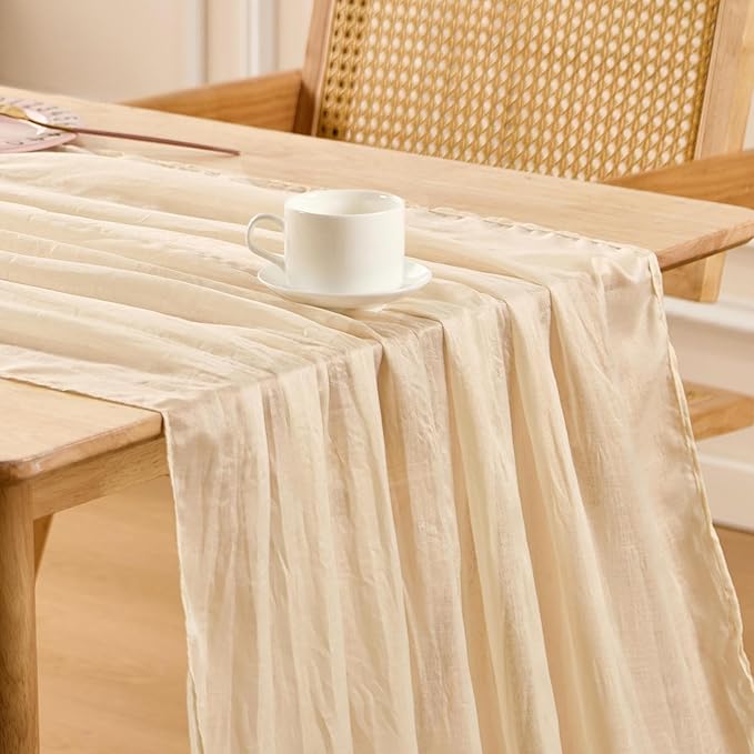 Beige Spring Table Runner Boho Cheesecloth Table Runner 120 inches Crinkled Gauze Sheer Mother's Day Table Centerpieces for Wedding Ceremony Anniversary Bridal Baby Shower Banquet