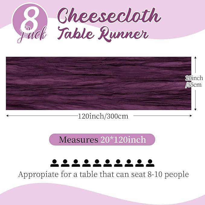 8 Pack Dark Purple Cheesecloth Table Runners 20x120 Inch Gauze Table Runner 10FT Easter Cheese Cloth Table Runner Rustic Sheer Runner for Wedding Baby Shower Birthday Party Table Decor