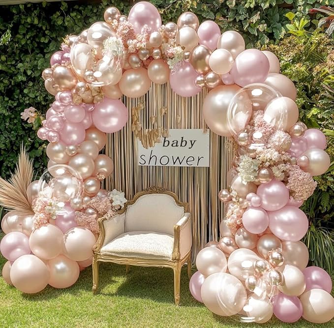Pearl Balloon Arch Double Stuffed Pearl Rose Pink Metallic Balloon Garland Kit Different Sizes 12/10/5in With Clear Bobo Balloons for Birthday Wedding Bridal Baby Shower Engagement Party Decor