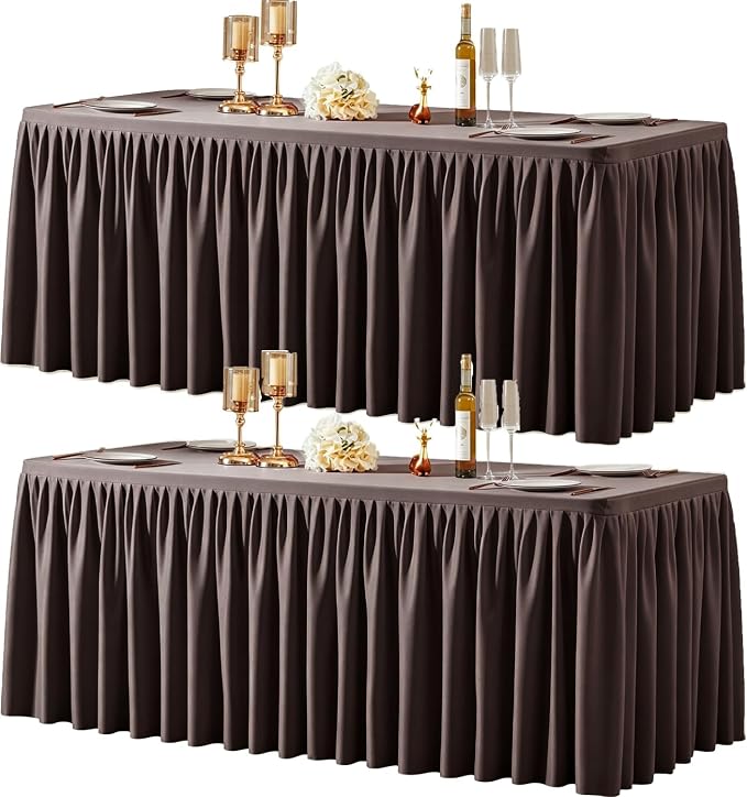 2 Packs Chocolate Brown Tableclothes for 8 Foot Rectangle Tables, Wrinkle Free Fitted Table Cloth 6ft Stretch Table Cover with Skirt for Parties Weddings Birthday Banquet Baby Shower