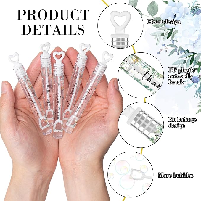 Hollowfly 120 Pack Green Eucalyptus Wedding Mini Bubble Wands for a Wedding Bulk White Heart Bubble for Guests Send off Wand Adult Bridal Exit Shower Party Supplies Valentine Anniversaries Celebration
