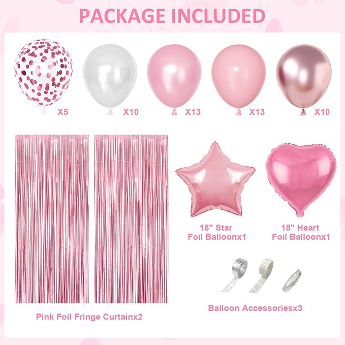 Pink Birthday Party Decorations, Pink and White Pearl Confetti Foil Balloons Happy Birthday Banner Fringe Curtain Butterfly Hanging Swirls Circle Dots Tassels Pompoms for Women Girls Party Supplies
