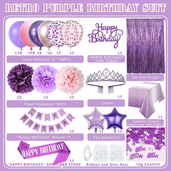 Birthday Decorations Set, Purple Party Decoration with Purple Balloons, Banner, Pom Poms, Fringe Curtain Background, Birthday Crown, Shoulder Strap for Girls Women Party Supplies