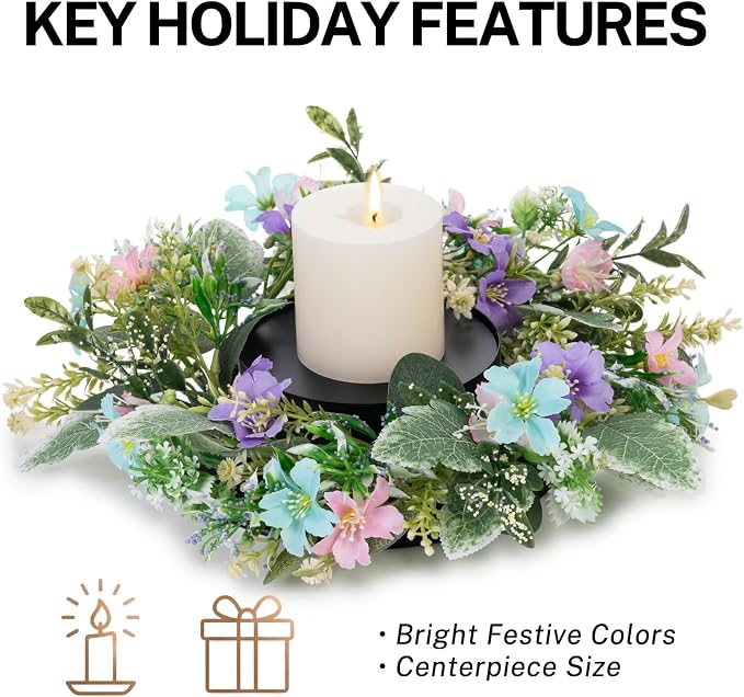 MOYEE Summer Centerpieces for Tables Candle Ring, Black Metal Candlestick with an Artificial Wreaths 14 in Versatile Dining Table Centerpiece Decor (Blue and Purple Flower Wreath)