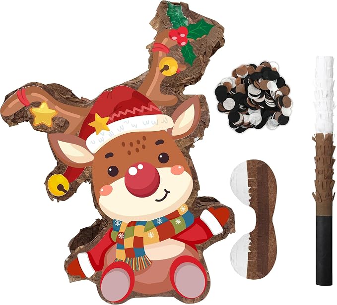 15.1'' Christmas Party Elk Piñata, 4 Pcs Xams Pinata Bundle, Winter Wonderland Party Decorations Elk Piñata Blindfold Stick etc