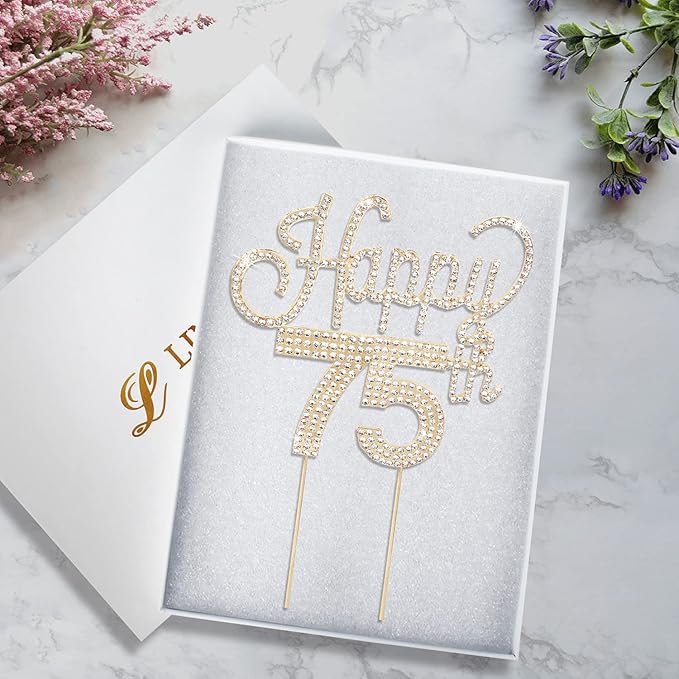 LINGTEER Happy 75th Birthday Gold Rhinestone Cake Topper - Cheers to 75th Birthday 75 Years Old Anniversary Party Cake Centerpieces Topper Decorations Gift Sign.