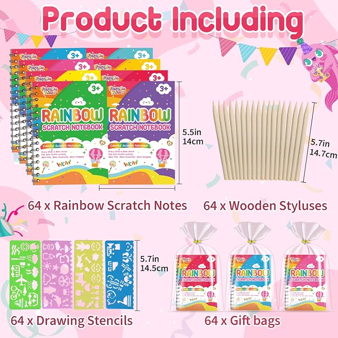 Scratch Paper Art Party Favors for Kids: 64 Pack Rainbow Scratch Notebook, Goodie Bags Stuffers Coloring Books Party Favors for Kids 3-12, Bulk Classroom Birthday Gifts for Student