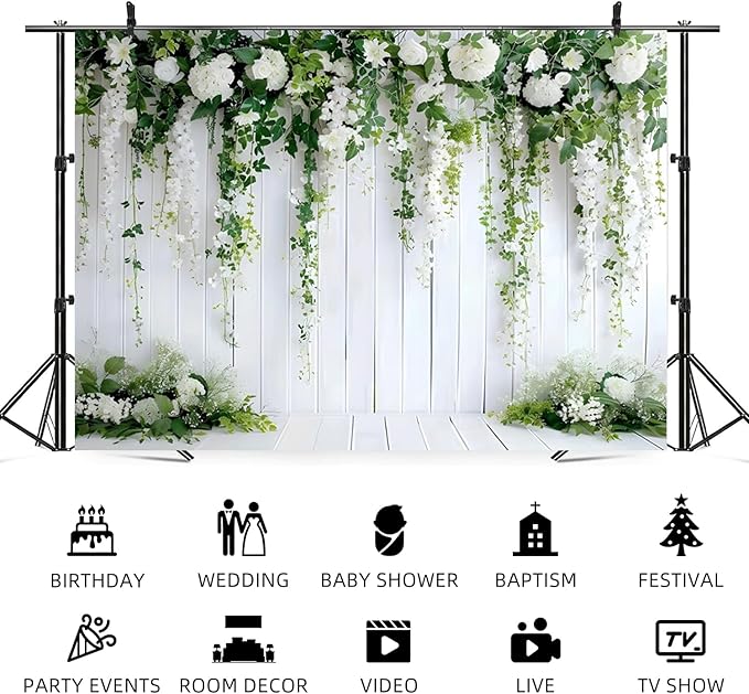 15x10ft White Flower Backdrop Green Leaves Wedding Bridal Shower Photography Background Floral Rustic Wood Wall Birthday Party Banner Decorations Reception Ceremony Portrait Photo Booth Prop
