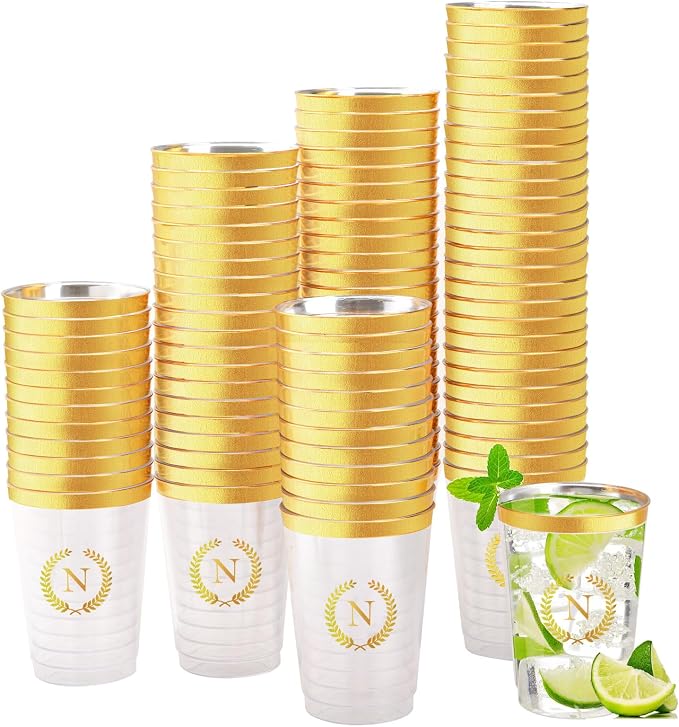 100 Pieces Monogrammed Plastic Cups Gold Foil Letter N Disposable Cups 12 oz Clear Initial Party Cups for Wedding Birthday Baby Shower Personalized Party Drinkware