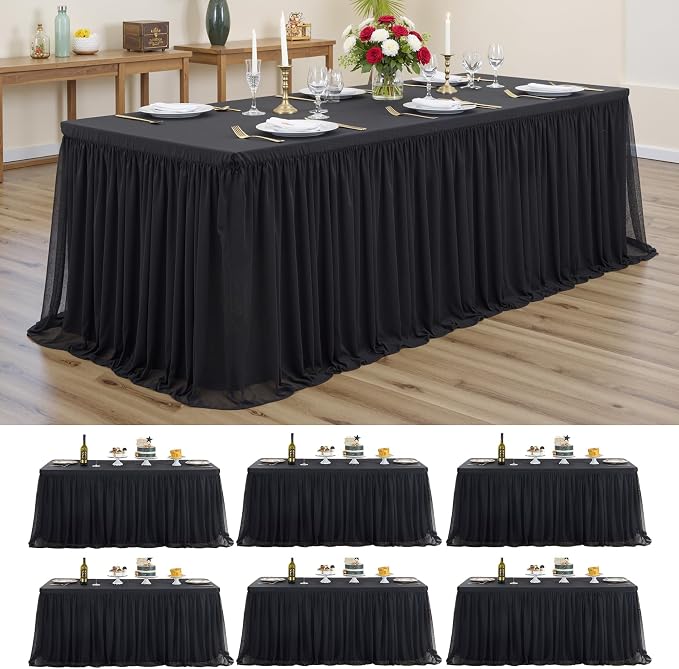 6-Pack Black Tulle Tablecloth for 6 Ft Rectangle Tables – Elastic Spandex Table Cover with Tutu Skirt, Wrinkle Free for Wedding, Birthday Party, Banquet Buffet, Craft fairs