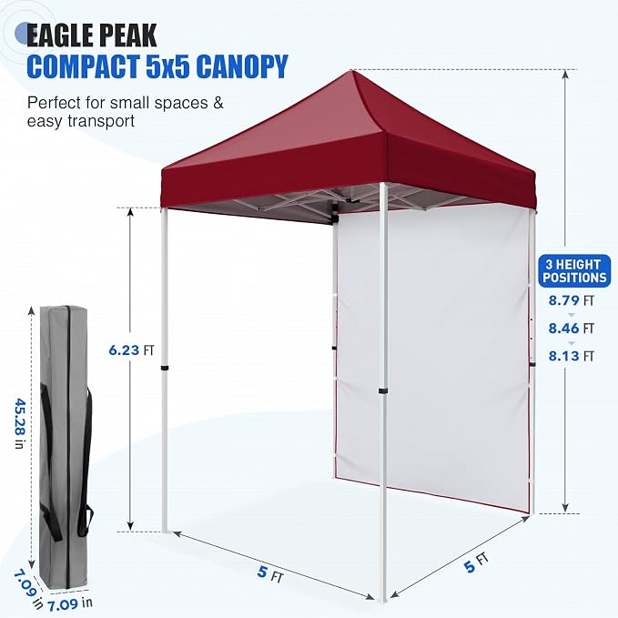 EAGLE PEAK Pop up Canopy 5x5, Outdoor Portable Canopy Tent with One Removable Sunwall, Carry Bag Included, Burgundy