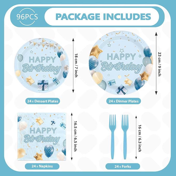 96Pcs Light Blue Birthday Decorations Preschool Graduation Blue Gold Plates and Napkins Tableware Set Happy Birthday Decorations for Boys Girls Father Baby Shower Pres-k Graduation Supplies Serves 24