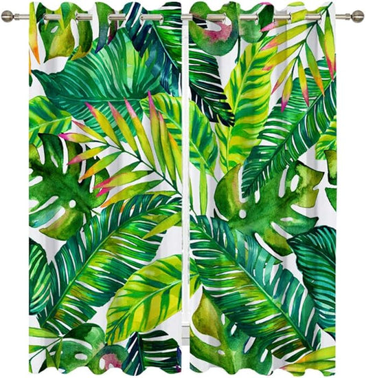 Palm Leaves Window Curtains, Banana Leaf Blackout Curtain Window Treatment Drapes for Living Room Bedroom Hotel,2 Panels, 52W x 84H,Green White
