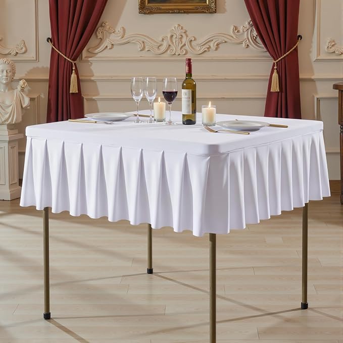 Shillance 48x48 Inch White Spandex Square Tablecloth 2 Pack,Wrinkle Free White Fitted Table Cloth for Square Tables,Washable Pleated Table Cover for Wedding Birthday Cocktail Party Buffet Dinner