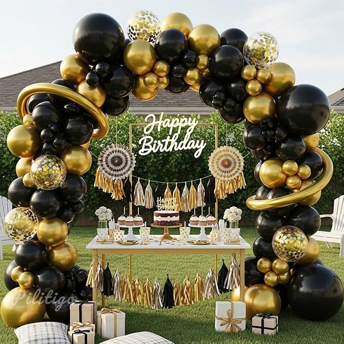 Black and Gold Balloon Arch Kit - 114 Pcs Black and Gold Balloons Garland with Confetti & Long Balloons for Men Birthday Graduation 2026 New Years Eve Retirement Party Decorations