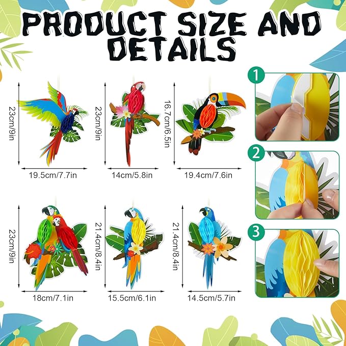 Frienda 19 Pcs Hawaiian Tropical Luau Party Decorations Tropical Parrot Bird Honeycomb Hanging Garland Multicolour Paper Hibiscus Flower Summer Banner Lantern Fans for Tiki Bar Beach Jungle Party