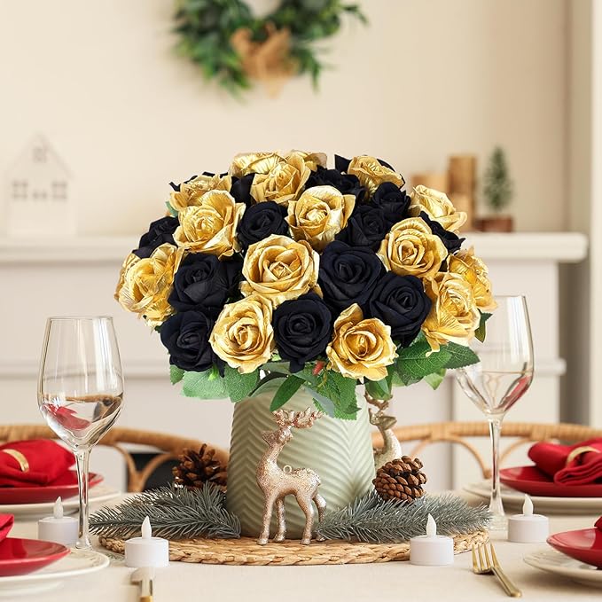 90PCS Black Gold Rose Artificial Flowers, Faux Silk Roses, Realistic Roses Bouquet for Anniversary, Baby Shower, Birthday, Graduation, Table Centerpieces, New Year's, Valentine's Day Decorations