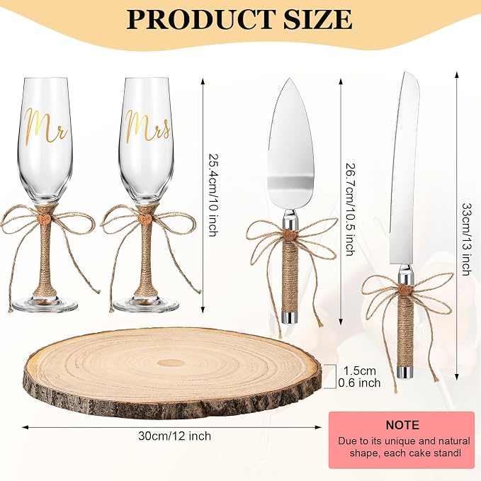 Honoson 5 Pcs Cake Knife Server Set Champagne Glasses Wooden Slice Cake Topper Set Rustic Wedding Decorations Mr and Mrs Champagne Flutes Bride Groom Valentines Day Glasses Anniversariesn