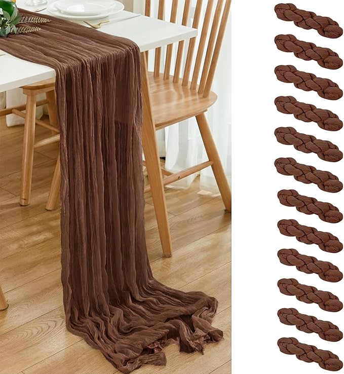 12 Pack Brown 10 Ft Cheesecloth Table Runner 21x120 Inch Boho Wrinkled Sheer Romantic Gauze Decor for Wedding, Bridal Shower, Birthday Party