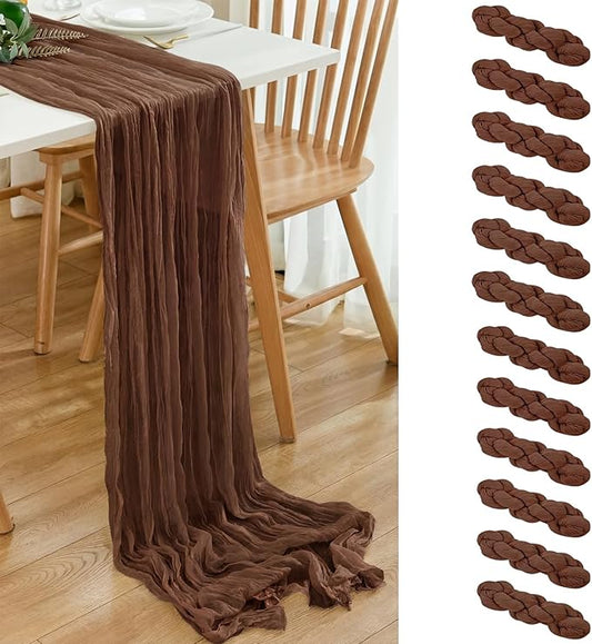 12 Pack Brown 10 Ft Cheesecloth Table Runner 21x120 Inch Boho Wrinkled Sheer Romantic Gauze Decor for Wedding, Bridal Shower, Birthday Party