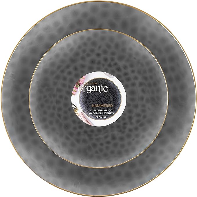 PLASTICPRO 64 Piece Combo Plate Set includes 32-7'' inch Plates & 32-10'' inch Plates Black transparent Hammered Plastic Party Plate Premium heavyweight Elegant, Disposable, Tableware, Dishes,