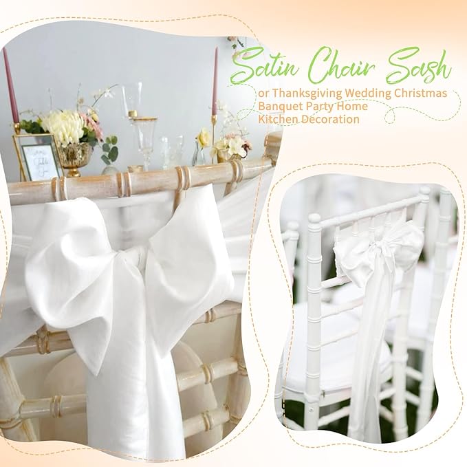 120 PCS White Satin Chair Sashes, Ties Bows Designed Chairs Decorative, Chair Cover Sashes for Thanksgiving Wedding Christmas Banquet Party Home Kitchen Decoration (7 x 108 inch)