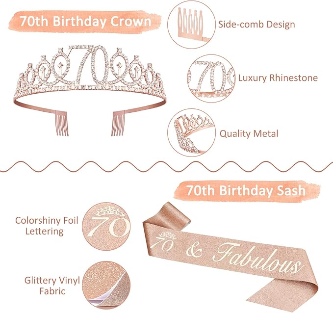 70th Birthday Decorations for Women with 70th Birthday Sash and Crown, Cake Topper and Candles, 12oz Wine or Coffee Tumbler Mug with Lid, 70 Year Old Gifts for Women