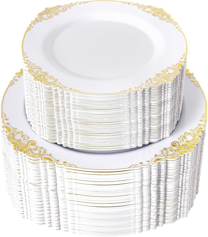 200PCS White and Gold Plastic Plates - Gold Disposable Plates - Gorgeous Wedding Plate 10inch Dinner & 7.25inch Dessert Plate for 100 Guests for Wedding & Party