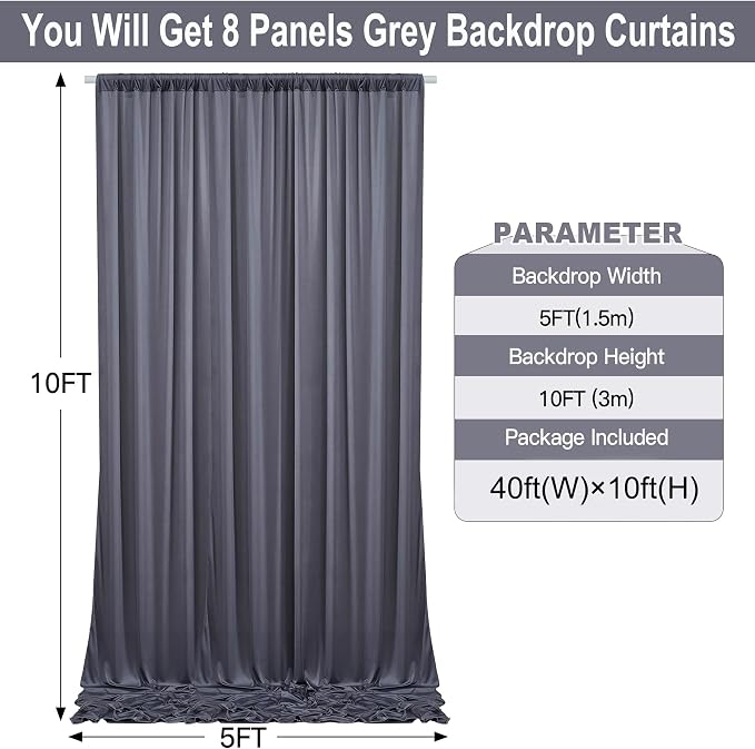 40ft×10 ft Wrinkle Free Grey Backdrop Curtain for Parties, 8 Panels 5×10 ft Soft Silky Polyester Charcoal Photo Backdrop Drapes for Birthday Baby Shower Baptism Wedding Photography