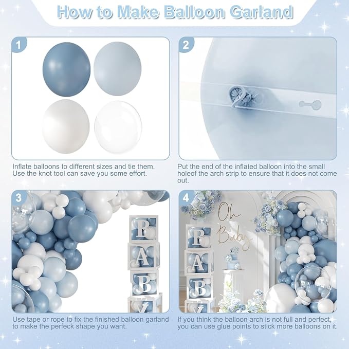Dusty Blue Balloon Baby Shower Decorations for Boy, 140Pcs Blue Balloon Arch Garland Kit Baby Boxes with Letters for Boy Boho Baby Shower Gender Reveal Birthday Party Decorations