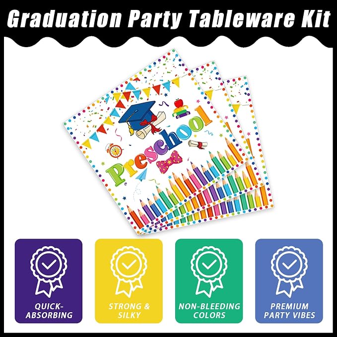 Kepeel 96pcs Preschool Graduation Party Plates and Napkins Set, Pre-K Grad Party Supplies Decorations Preschool Kindergarten Graduation Disposable Paper Plates for Boys Girls, Serves 24 (White)