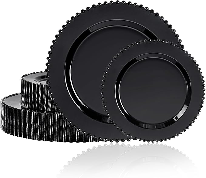 U-QE 60PCS Black Plastic Plates - Heavy Duty Black Disposable Plates Including 30PCS 10'' Dinner & 30PCS 7.5'' Dessert Plates -Hard Plastic Plate for Party Wedding Bridal Shower