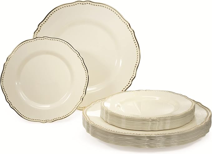 OCCASIONS 50 Pack (25 Guests) Fancy Disposable Plates, Rochelle Ivory Gold | Heavy Duty Scalloped, China-Like Look, 10.25" Dinner + 7.5" Salad/Dessert, Wedding Party, BPA Free, Recyclable, Rigid