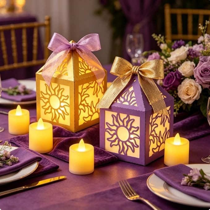 16 Set Sun Lantern Centerpieces with LED Candles and Ribbon, Elegant Paper Lanterns Table Decor for Princess Girls Birthday Party Wedding Festival Decorations (8 Gold + 8 Purple)