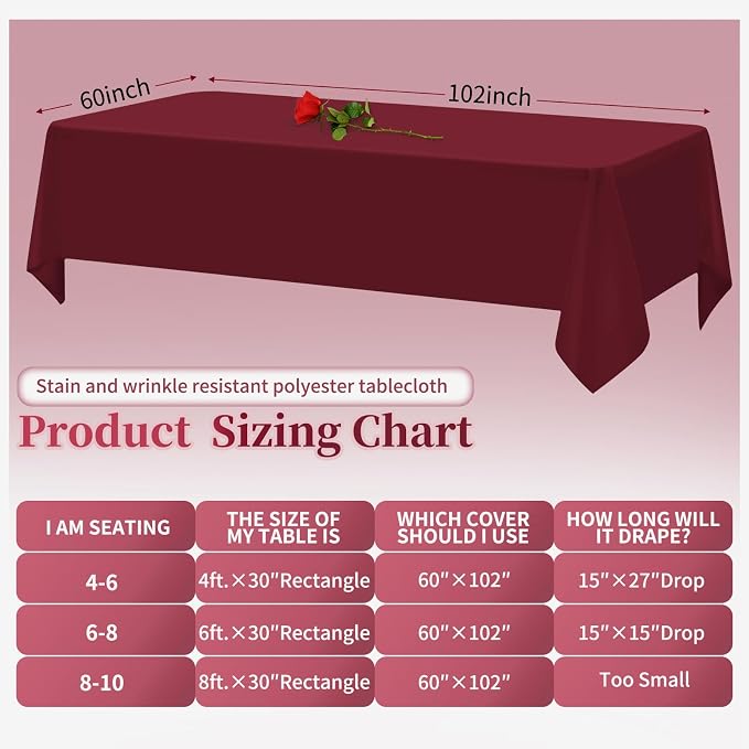 12 Pack Burgundy Tablecloths for Rectangle Tables Stain and Wrinkle Resistant Washable Polyester Tablecloth 60 x 102 Inch Table Cloth Rectangle Table 6 Foot Rectangle Table Cloth for Wedding Party