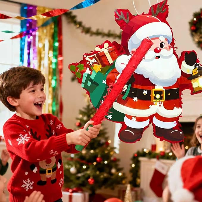 4 in 1 Christmas Santa Claus Piñata, Christmas Piñata Bundle Cute Santa Claus Piñata, Christmas Party Games Stick Blindfold etc Christmas Decorations for Christmas Party Decorations