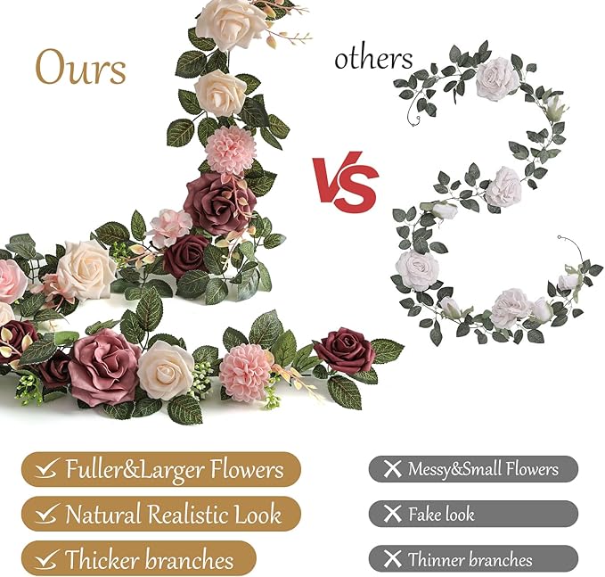 2Pcs Garisey 5FT Dusty Rose Artificial Flower Garland Blush Rose Floral Garland Arch Rose Vine for Wedding Ceremony Party Backdrop Decor Arch Flowers Mantel Table Centerpieces Decorations, Burgundy