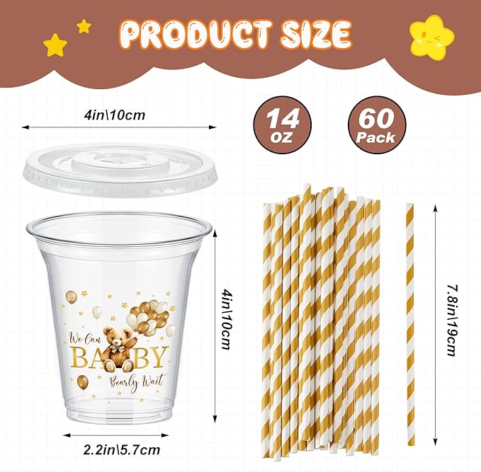 FoldTier 60 Set Baby Shower Party Plastic Cups Bulk 14 oz Disposable Clear Cups with Lids and Paper Straws for Baby Shower Bear Birthday Party Supplies Favor Decorations