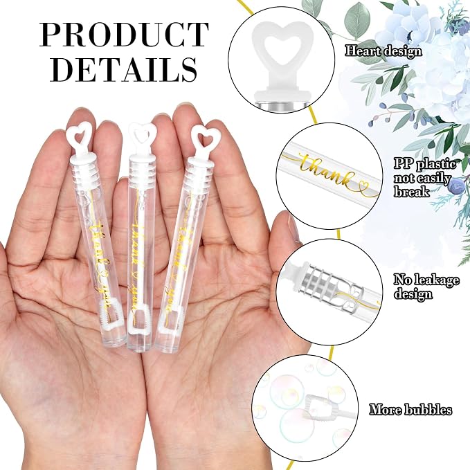 Hollowfly Wedding Mini Bubble Wands for a Wedding Bulk Heart Bubble for Guests Send Off Wand Adults Bridal Shower Party Supplies Valentine Anniversaries Celebration(60 Count,White Gold,Thank You)