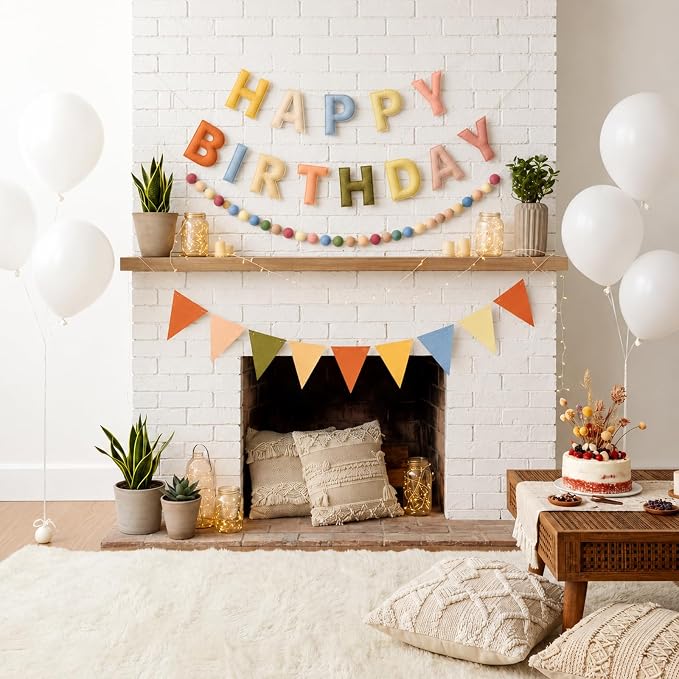Pre-Strung Happy Birthday Banner Boho Reusable Felt Birthday Party Decorations 3D Effect HappyBirthday Sign with Felt Ball Garland, Pennant Flag for Men Women Boy Girls