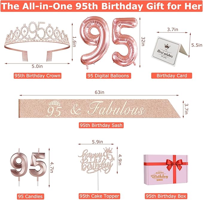 95th Birthday Party Decorations for Women, Including 95th Birthday Sash and Crown, Cake Topper and Candles, Number Balloons, 95 Year Old Decorations Gifts Idea