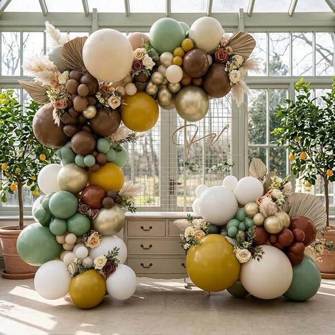 Green Brown Balloon Arch Double Stuffed Latex Sage Green White Gold Balloons Mustard Yellow White Balloon Garland For Birthday Baby Shower Safari Jungle Wooland Garden Theme Party Decor