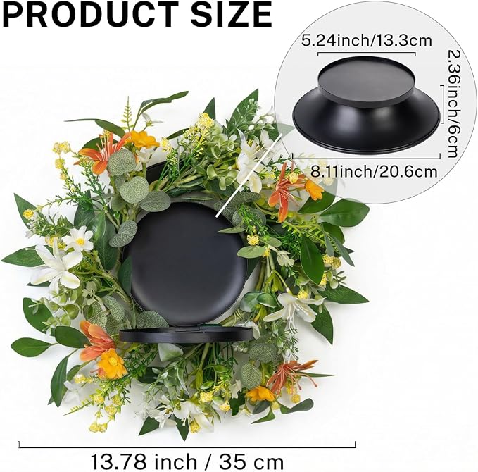 MOYEE Summer Centerpieces for Tables Candle Ring, Black Metal Candlestick with an Artificial Wreaths 14 in Versatile Dining Table Centerpiece Decor (an Orange and White Wreath)