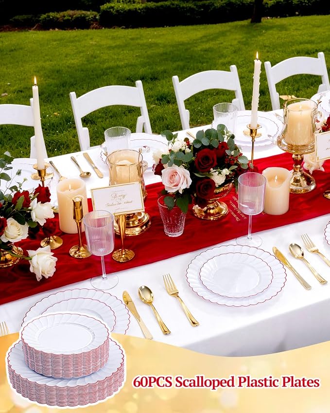 YOUBET 60PCS Red Scalloped Plastic Plates - Heavy Duty White and Red Rim Disposable Plates include 30 Hard Dinner Plate, 30 Dessert Plate for Party & Wedding