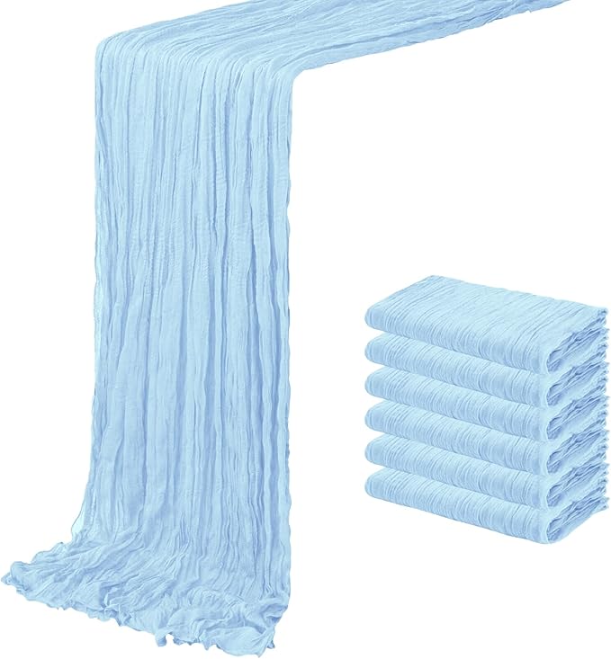 6 Pack Baby Blue Cheesecloth Table Runner 20 x 120 inch Gauze Table Runners 10 FT Long,Semi Sheer Cheese Cloth Fabric Table Runner Bulk for Wedding,Party,Baby Shower,Bridal Shower Decoration