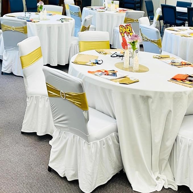Spanedx Gold Chair Sashes 50 Pack for Wedding Party Elastic Chair Bands Bows Decorations, Without White Chair Covers (Metallic Gold)